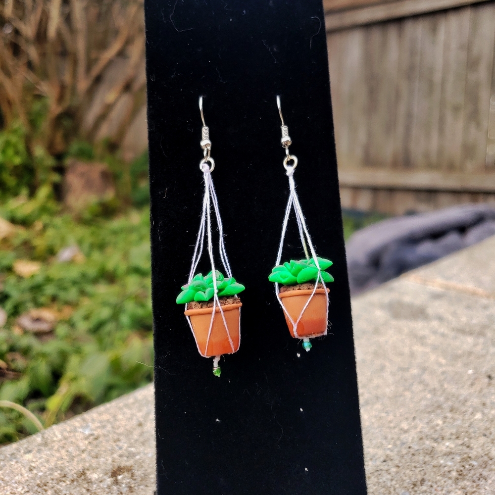 Macrame Hanging Plant Earrings | Potted Succulent - Picture 3 of 3
